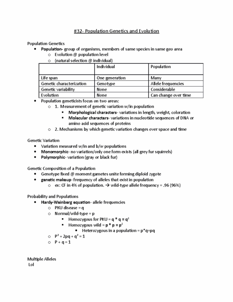 32 Population Genetics And Evolution Worksheet 32 Population 