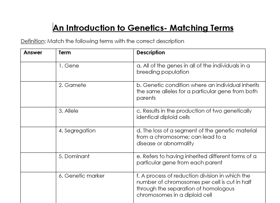An Introduction To Genetics Matching Terms Biology Science 