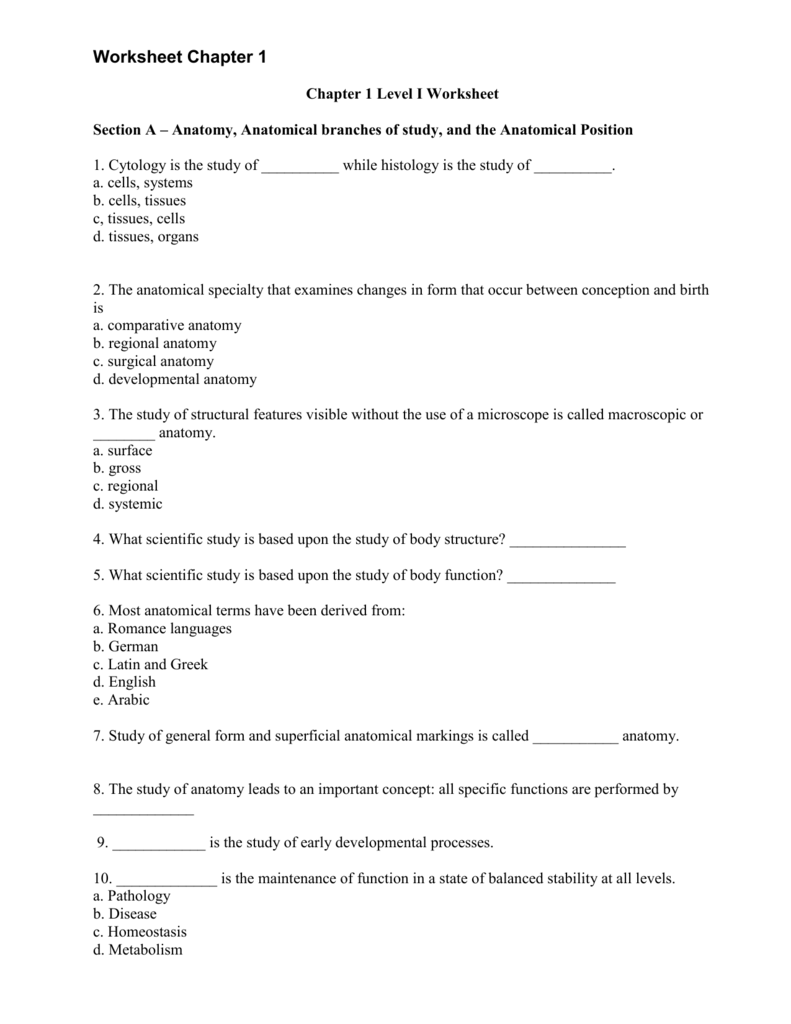 Anatomy And Physiology Chapter 1 Worksheet Anatomy Worksheets