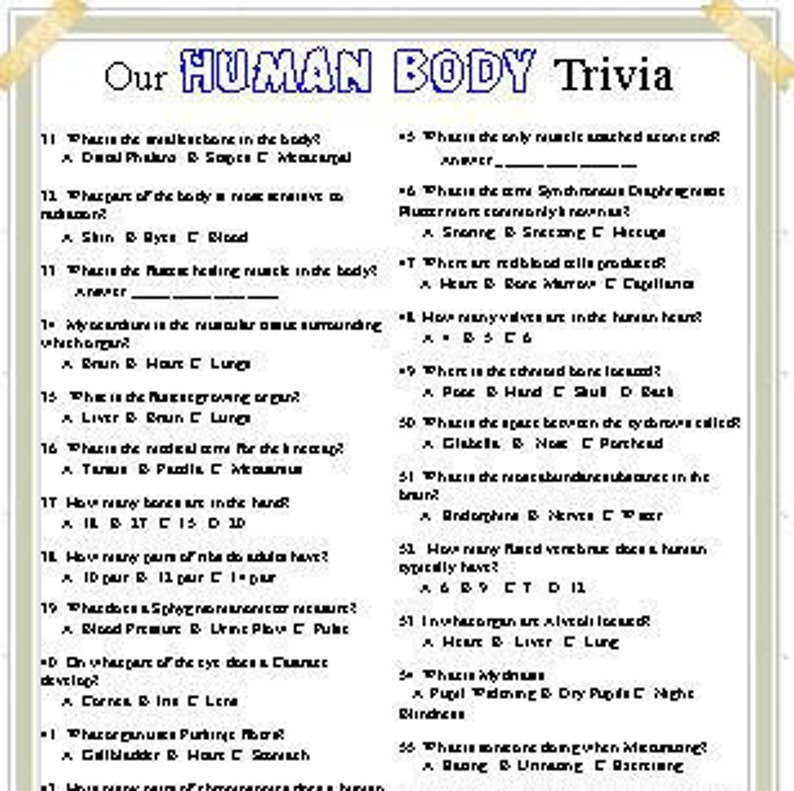 Anatomy Trivia All About Our Human Bodies Etsy