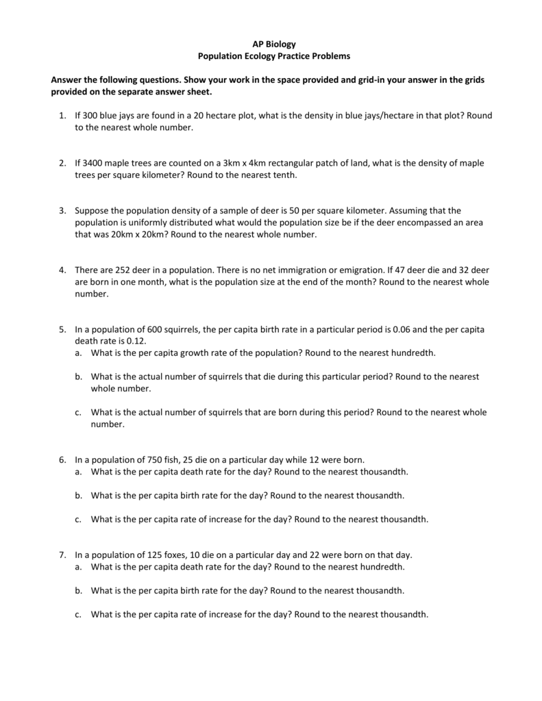 AP Biology Population Ecology Practice Problems Answer The