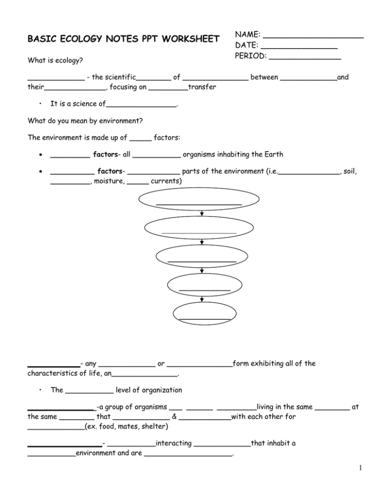 Basic Ecology Notes Worksheet Ecology Concepts