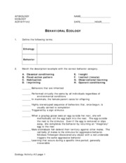 Behavior AP BIOLOGY ECOLOGY ACTIVITY 2 NAME DATE HOUR BEHAVIORAL 