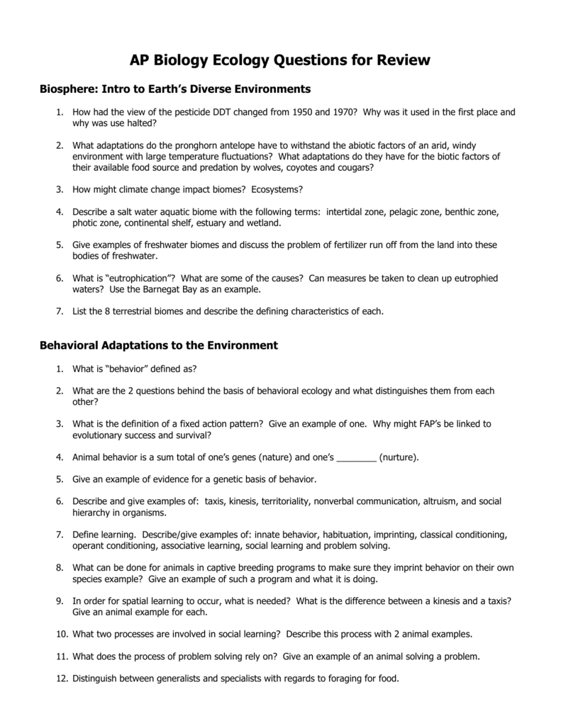 Biology Ecology Review Worksheet