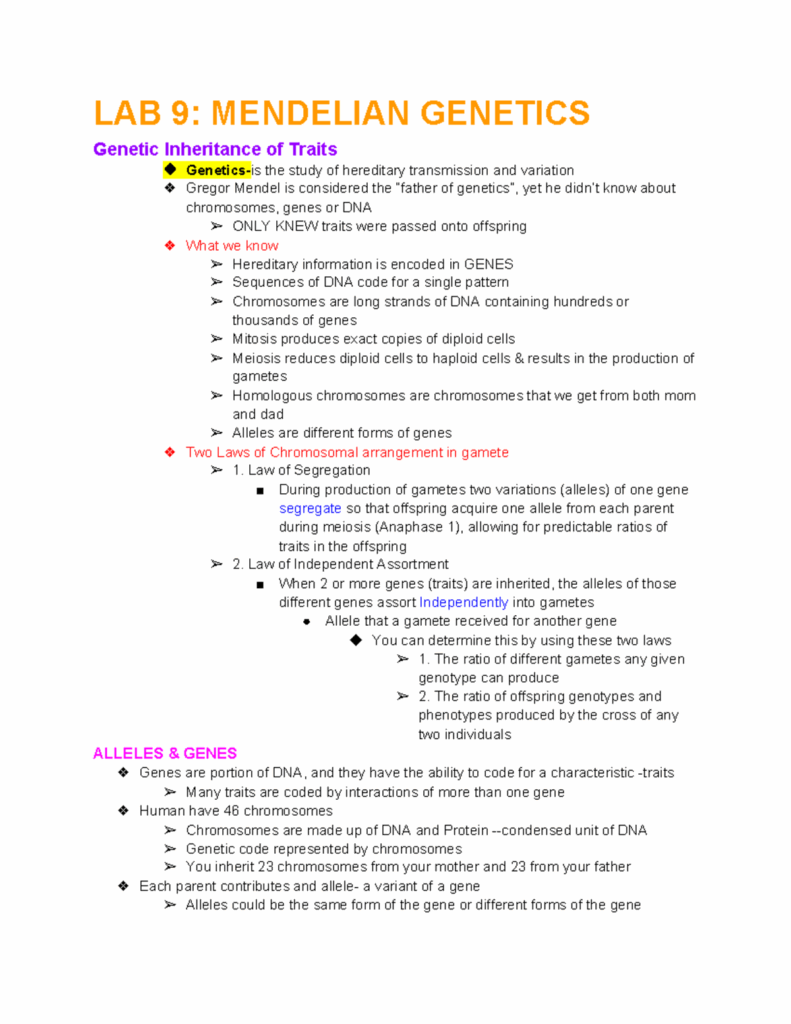 Biology Lab 1000 LAB 9 Mendelian Genetics LAB 9 MENDELIAN GENETICS 