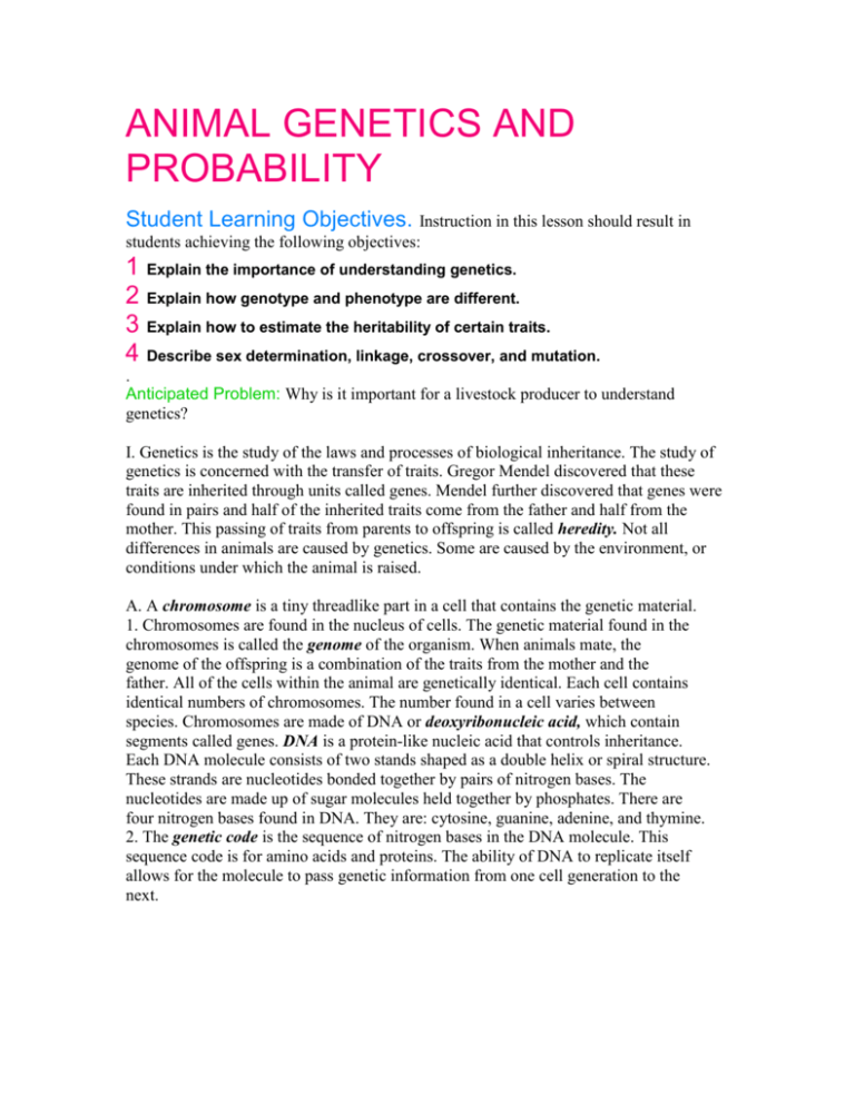 Bsaa Animal Genetics And Probability Worksheet