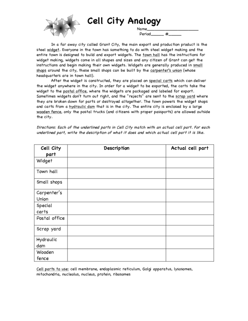 Cell City Analogy Exercises Cell Biology Docsity Worksheets Library