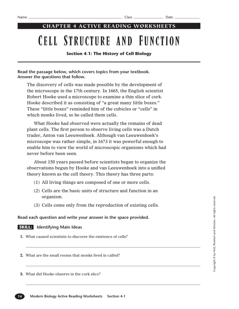 Cell Structure And Function Worksheet Answers