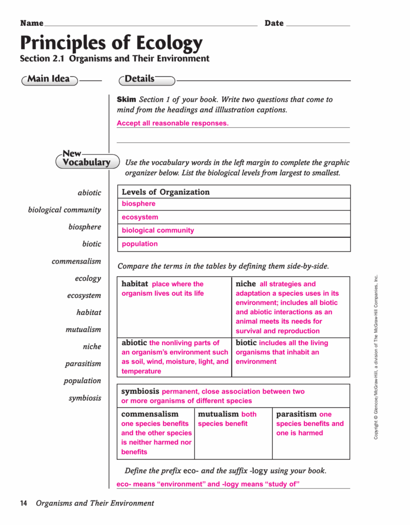 Chapter 2 Principles Of Ecology Worksheet Answers Db excel