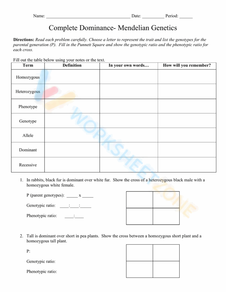 Complete Dominance Mendelian Genetics Worksheet Worksheets Library