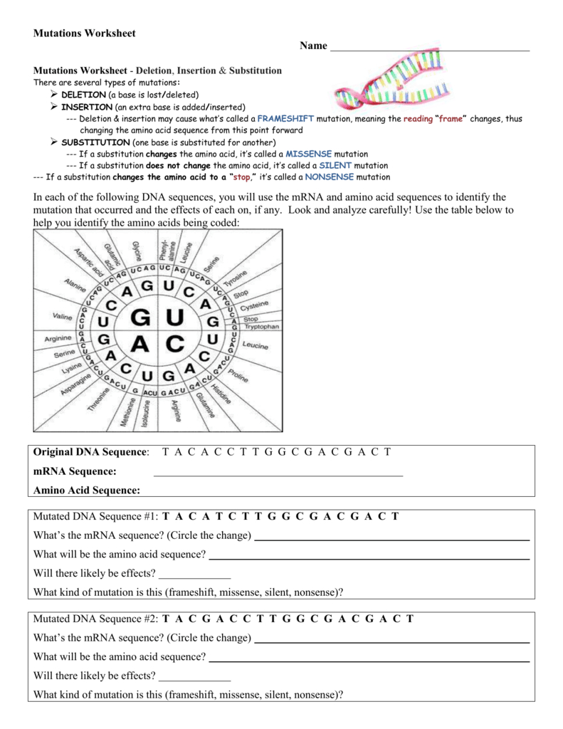 Dna Mutations Practice Worksheet Answers