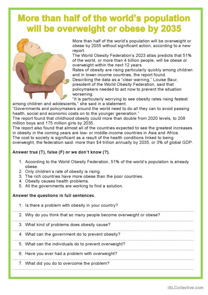 Easy Reading Obesity General Readi English ESL Worksheets Pdf Doc