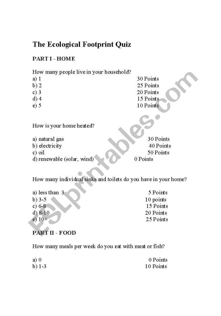 Ecological Footprint Quiz ESL Worksheet By Mekelly1