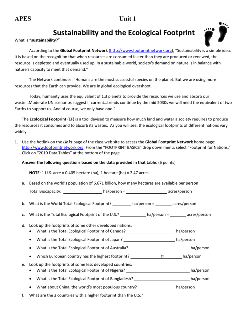 Ecological Footprint Worksheet Db excel