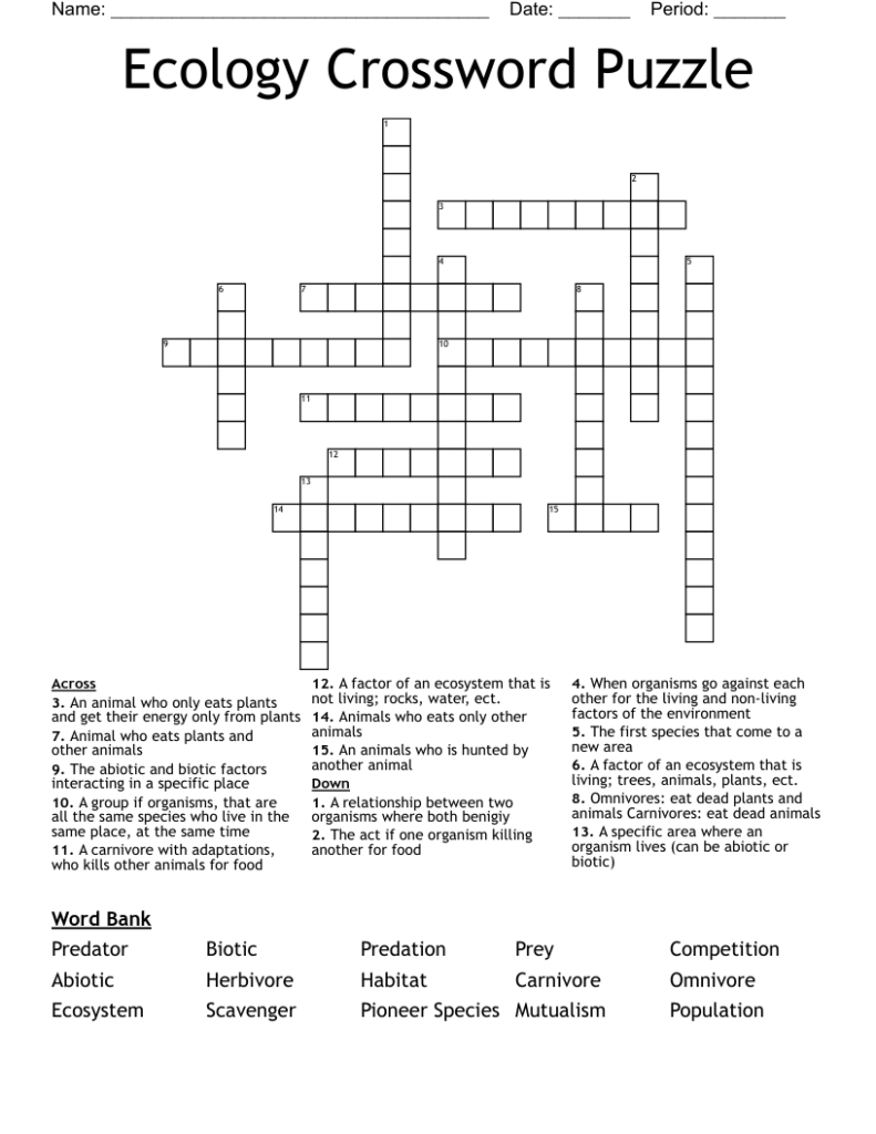 Ecology Crossword Puzzle WordMint