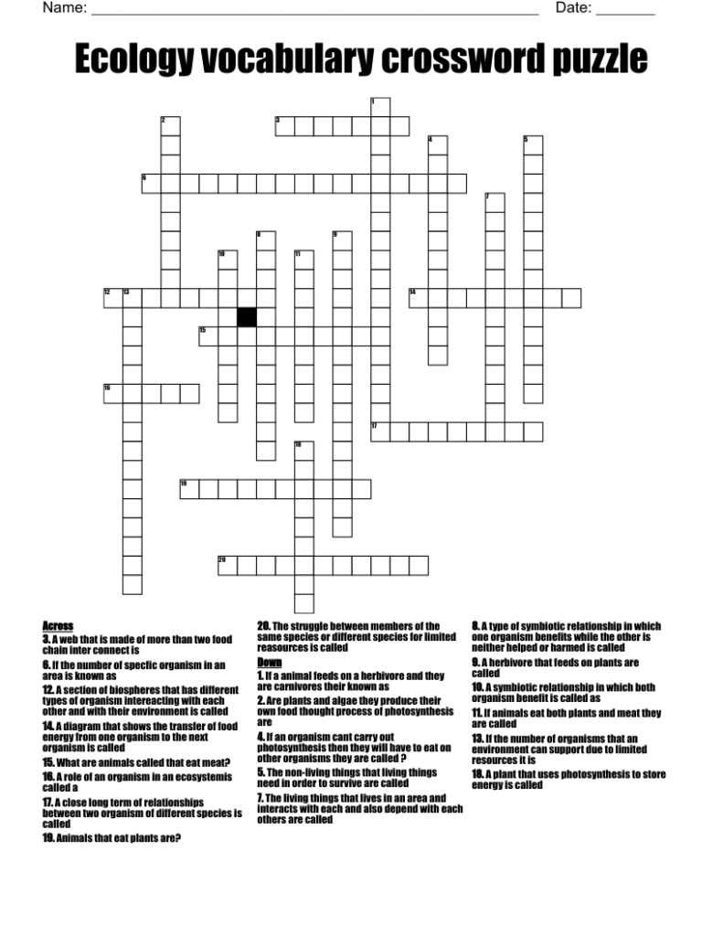 Ecology Crossword Puzzle Worksheet
