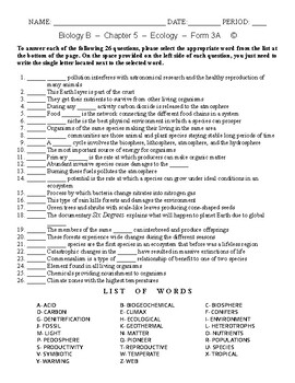 Ecology High School Biology Matching Worksheet Version 2 Form 3