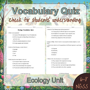 Ecology Unit Vocabulary Quiz NGSS Aligned By Busy B Biology TPT