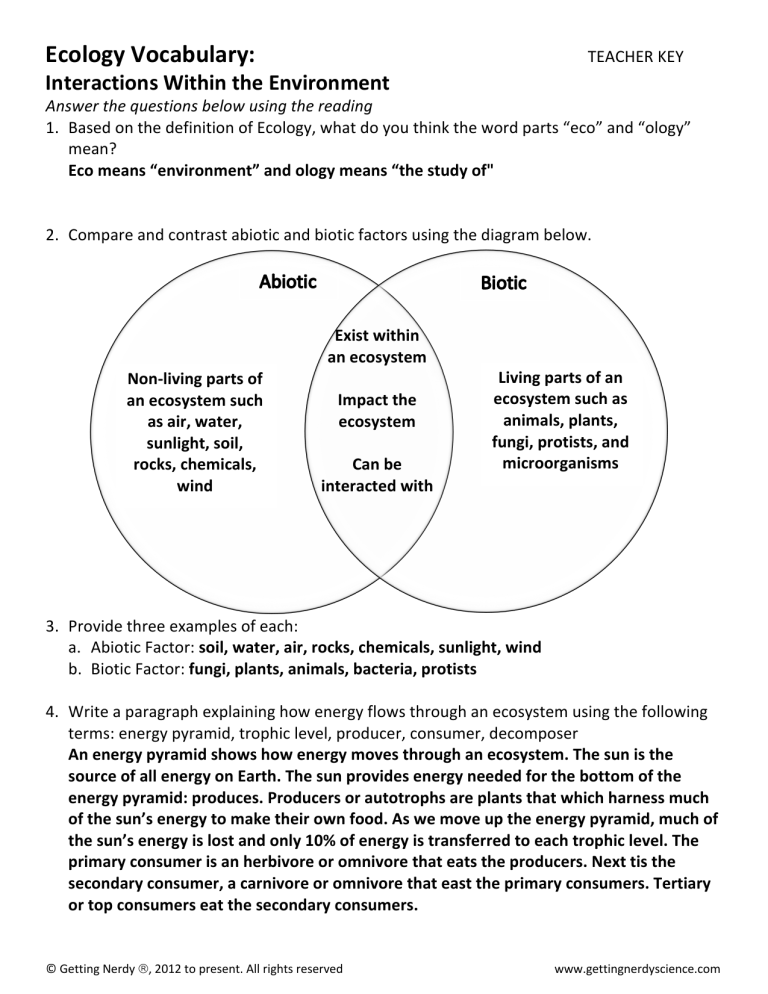 Ecology Vocabulary Worksheet Interactions In Environment