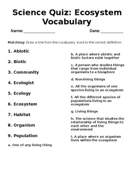 Ecosystem Vocabulary Quiz With Answer Key By Lisa Guth TPT