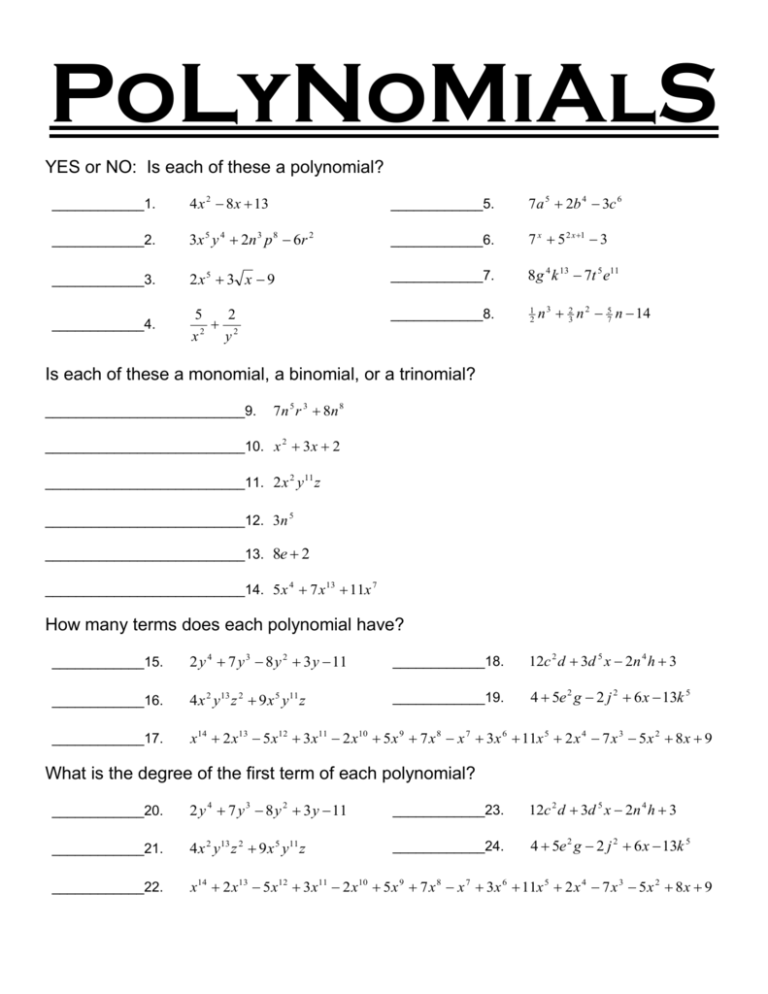 Free Polynomial Worksheets With Answers