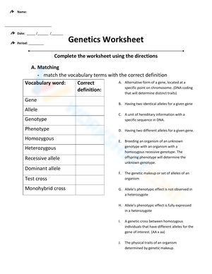 Free Printable Genetics Vocabulary Worksheets For Teaching