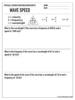 Frequency Wavelength Wave Speed Equation Printable Practice Worksheet