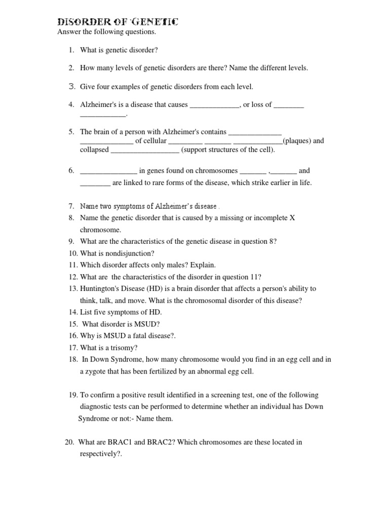 Genetic Disorder Worksheet1 PDF Worksheets Library