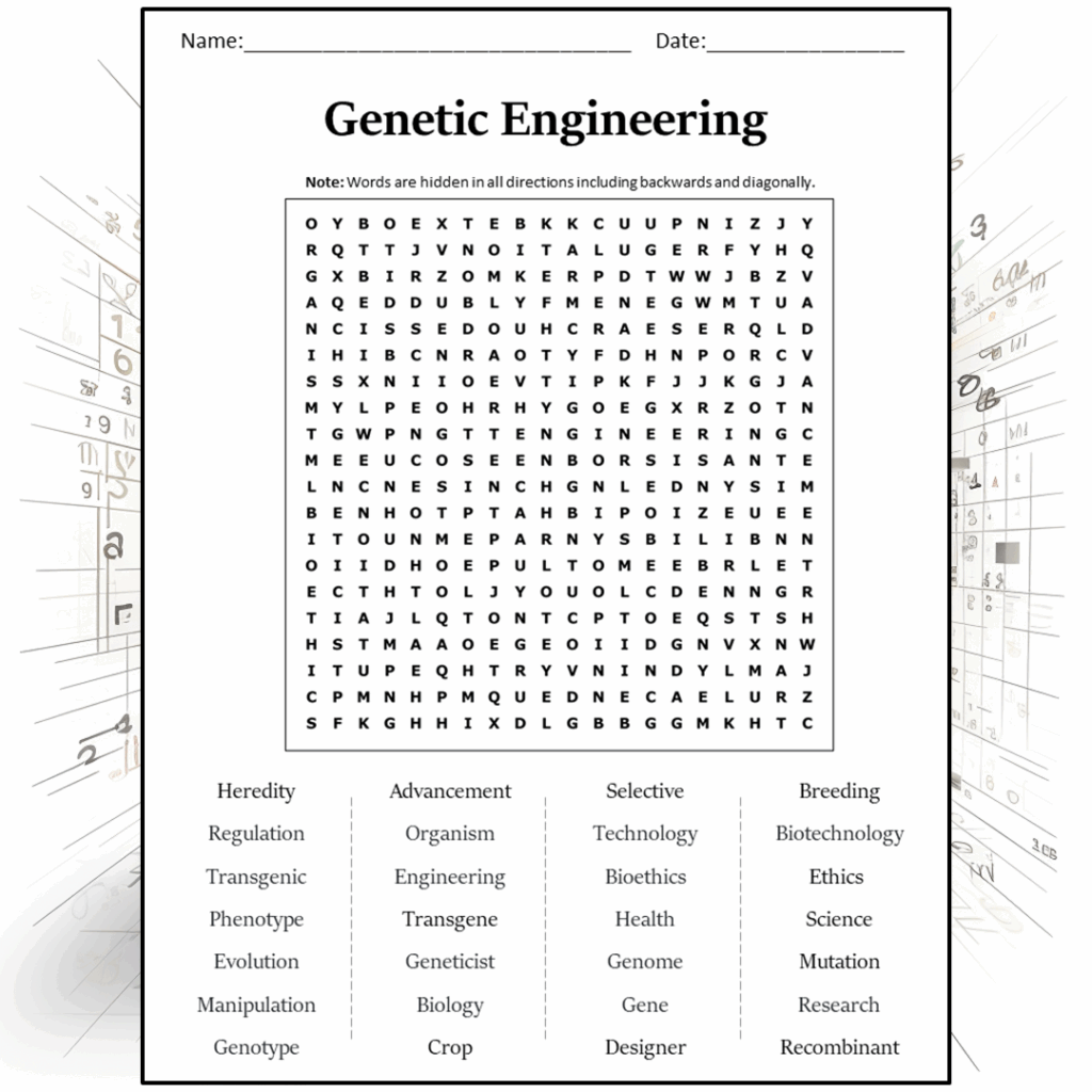Genetic Engineering Word Search Puzzle Worksheet Activity PDF 