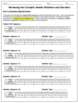 Genetic Mutations And Disorders Review Worksheets Quiz TPT