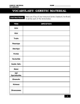 Genetic Vocabulary Worksheet