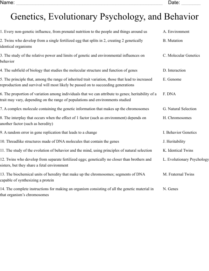 Genetics Evolutionary Psychology And Behavior Worksheet WordMint