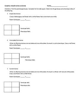 Genetics Mixed Review Punnett Squares By ChemSource TpT