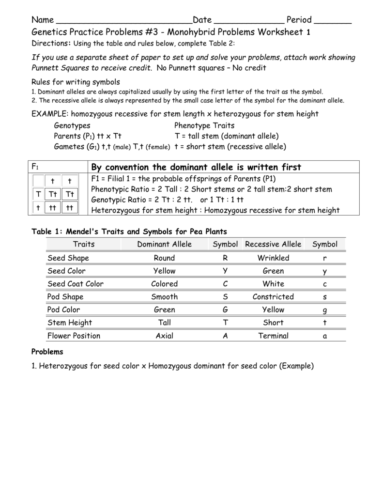 Genetics Practice Problems 3 Monohybrid Problems Worksheet 1 Answers 