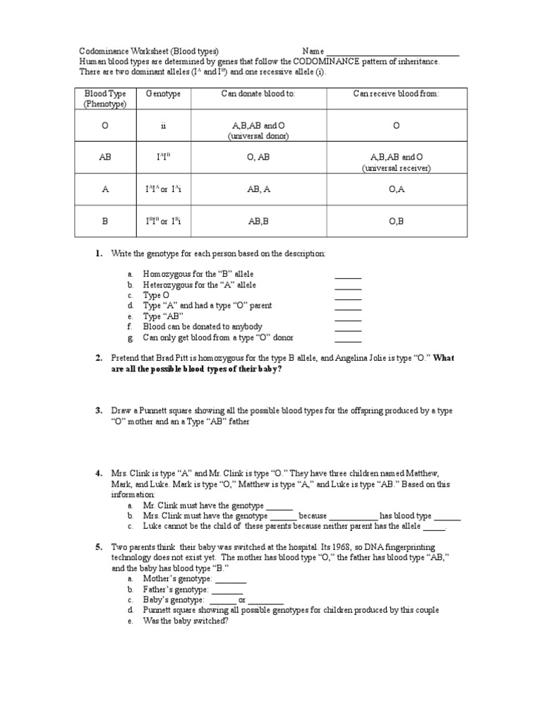 Genetics Practice Problems 5 Abo Multiple Allele Worksheet 1 Answers 