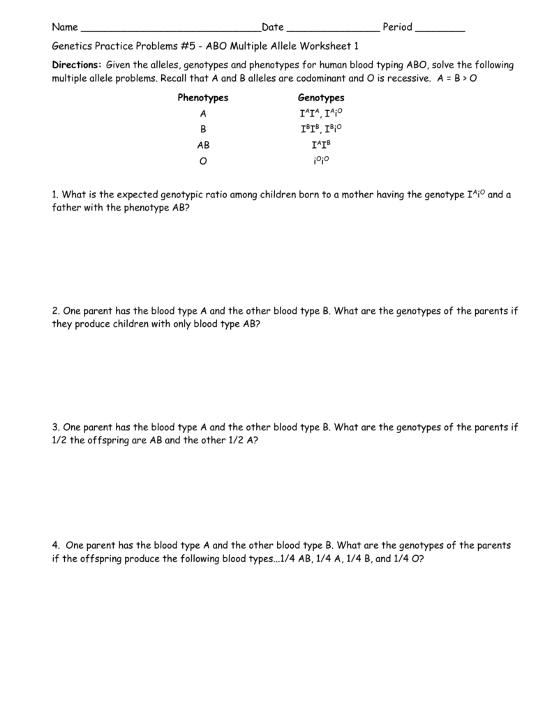 Genetics Practice Problems 5 Abo Multiple Allele Worksheet 1 Answers 