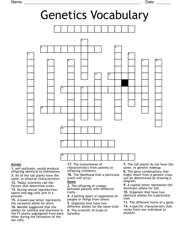Genetics Worksheet Answers Section A Vocabulary