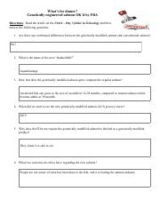 GMO Salmon Article Based Worksheet pdf What 39 s For Dinner Genetically 