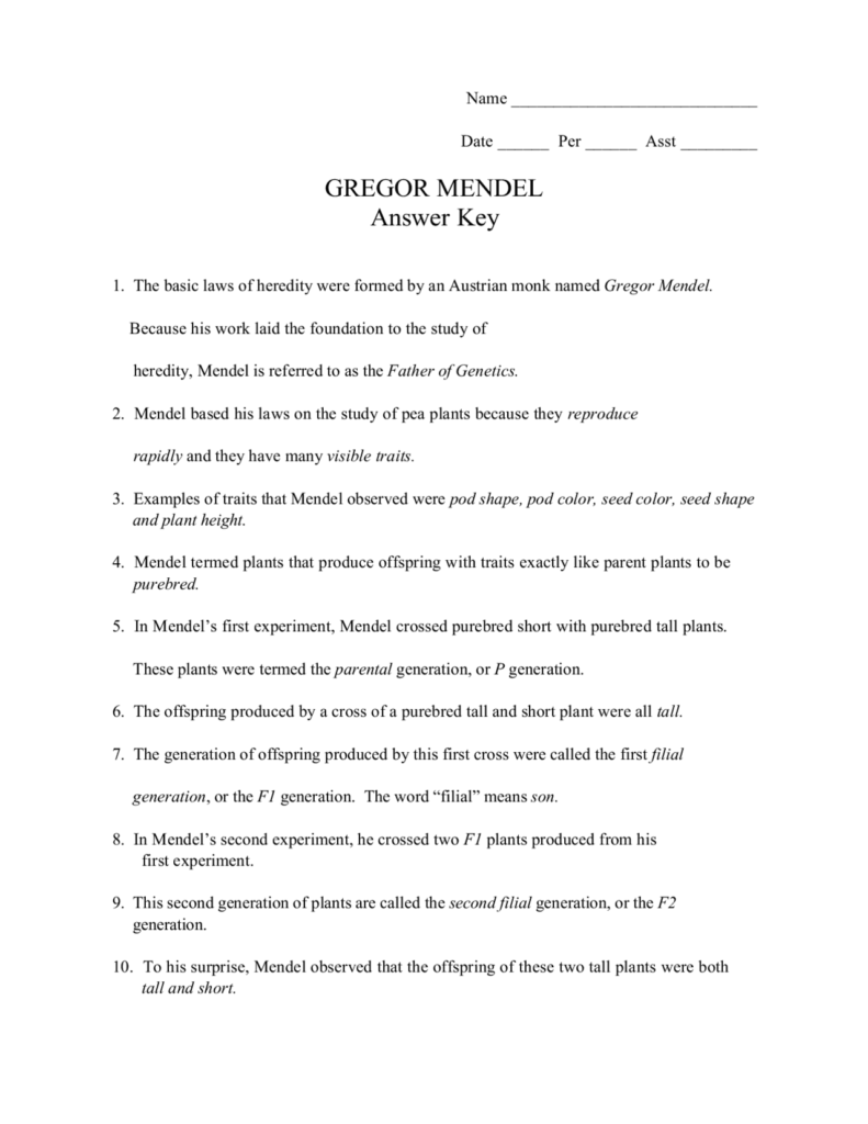 GREGOR MENDEL Answer Key Slides Genetics Docsity Worksheets Library
