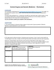 HHMI Central Dogma And Genetic Medicine Tutorial Worksheet BIO BCH3170
