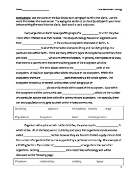 High School Ecology Cloze Worksheet Ecology By Educator Super Store