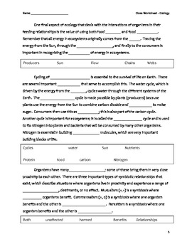 High School Ecology Cloze Worksheet Ecology By Educator Super Store