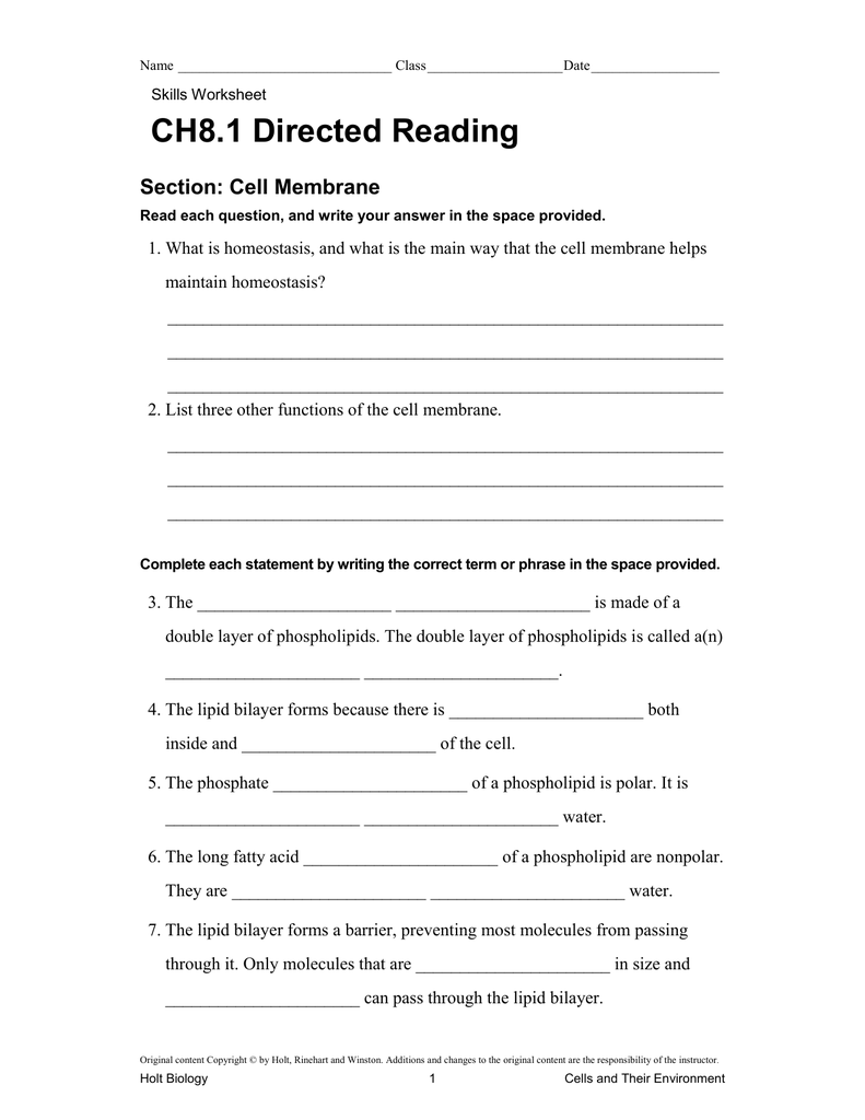 Holt Biology Cells And Their Environment Directed Reading Worksheets 