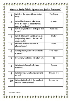Human Body Trivia Questions Quiz 30 Questions With Answers TPT