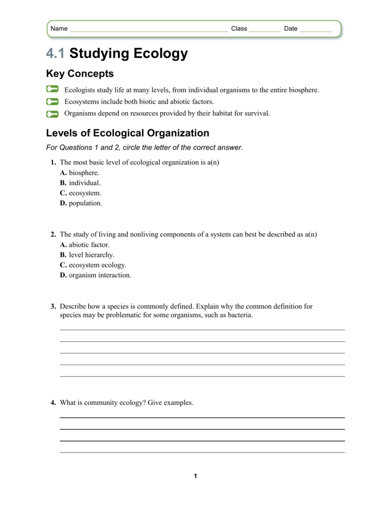 Levels Of Ecological Organization Worksheet