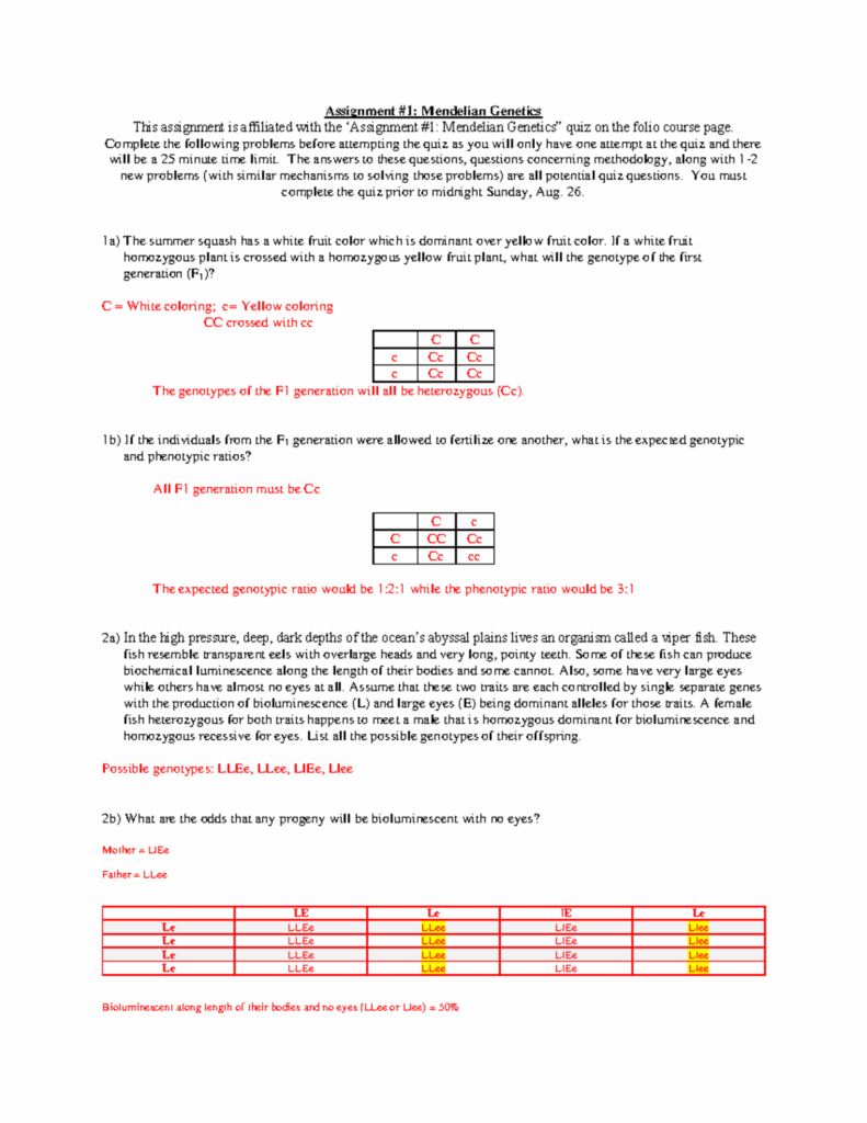 Mendel Genetics Problem Set Answer Key Assignment 1 Mendelian 