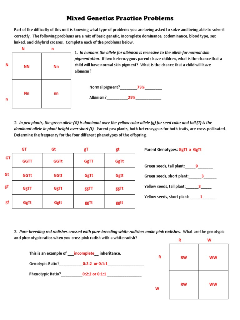 Mixed Genetics Practice Problems Key PDF Dominance Genetics 