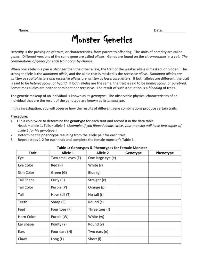 Monster Genetics Lab Answer Key Table 1 GustavoGargiulo Free 