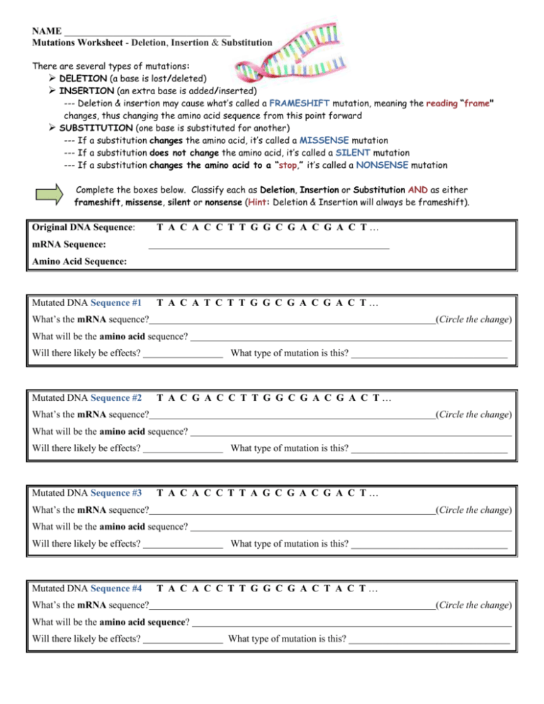 Mutation Grade 10 Worksheet