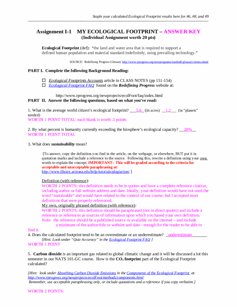 My Ecological Footprint With Answer Key NATS 101 Assignments 